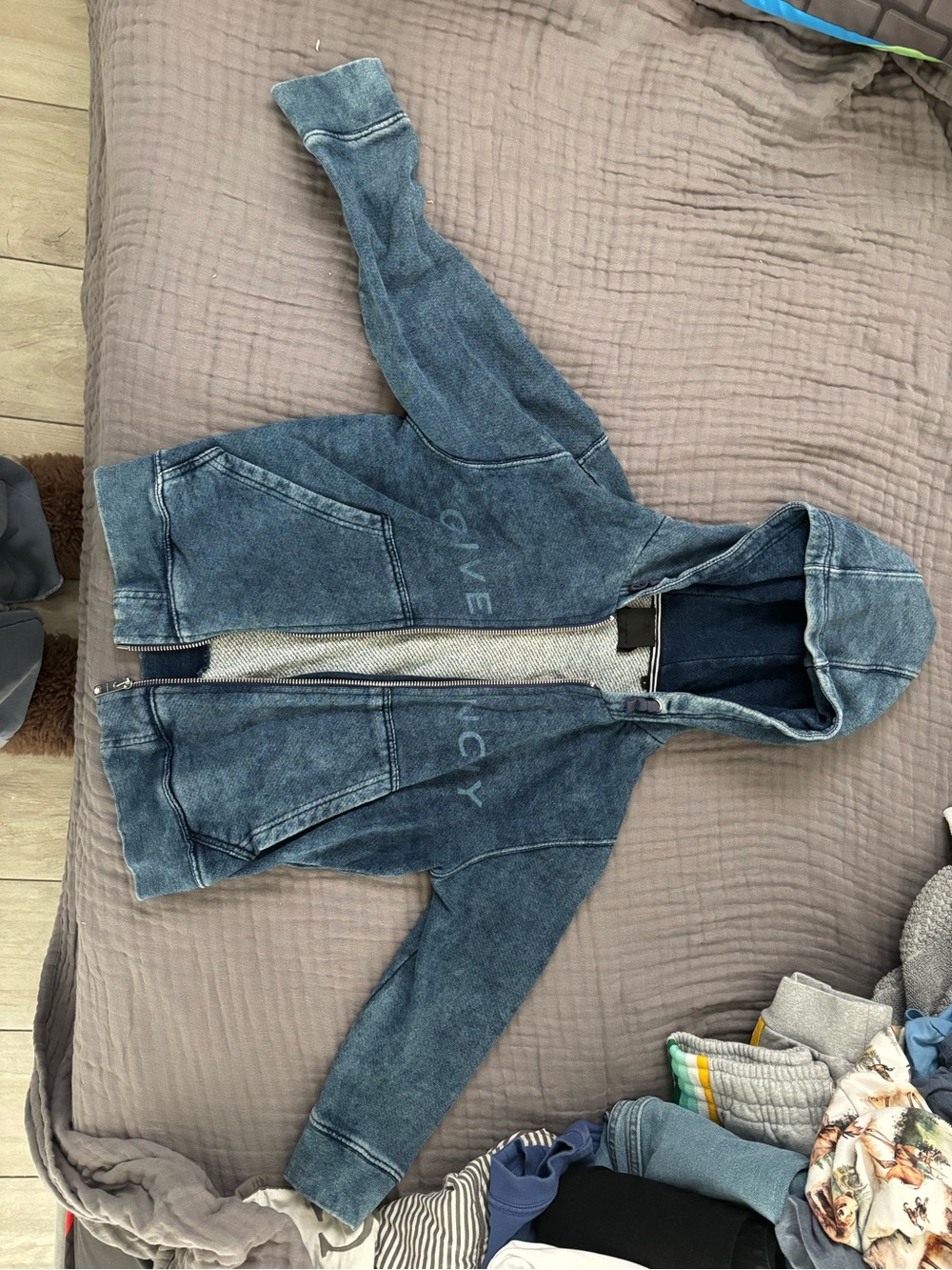 Givenchy Kids Washed Blue Hooded Denim Jacket size 6 boys.